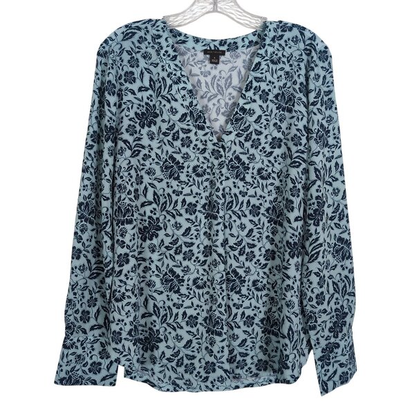 Ann Taylor Women's Blue Floral Print V-Neck Career Blouse Tunic size M‎ - Picture 1 of 11